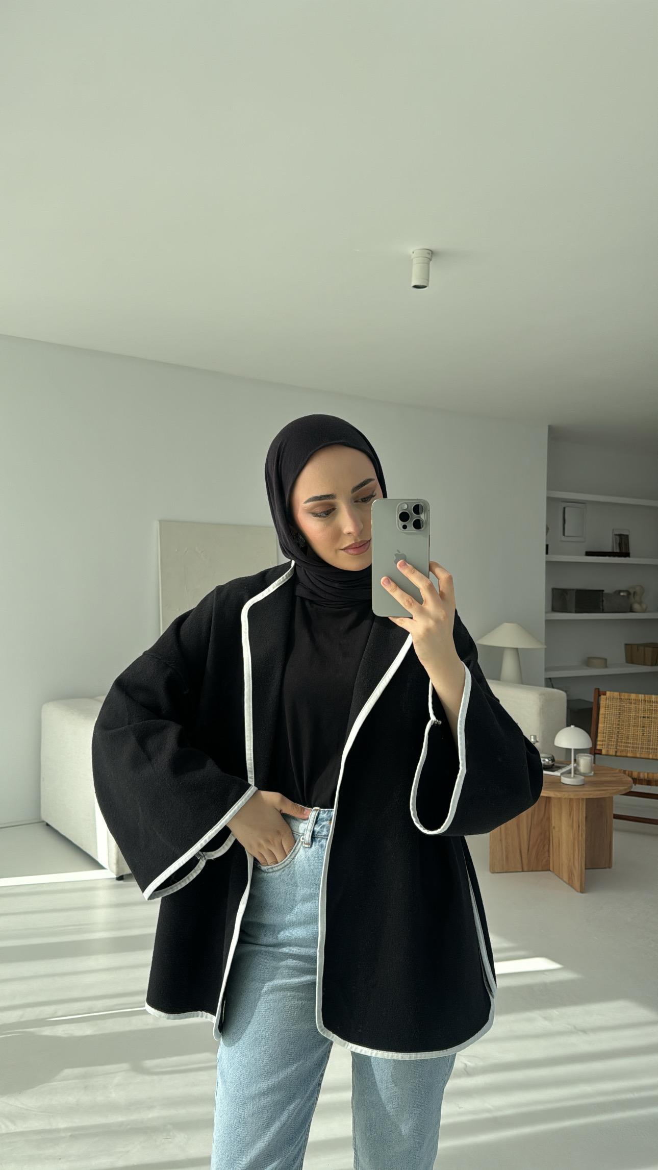 Mevsimlik Kaşe Bağlamalı Kimono Siyah