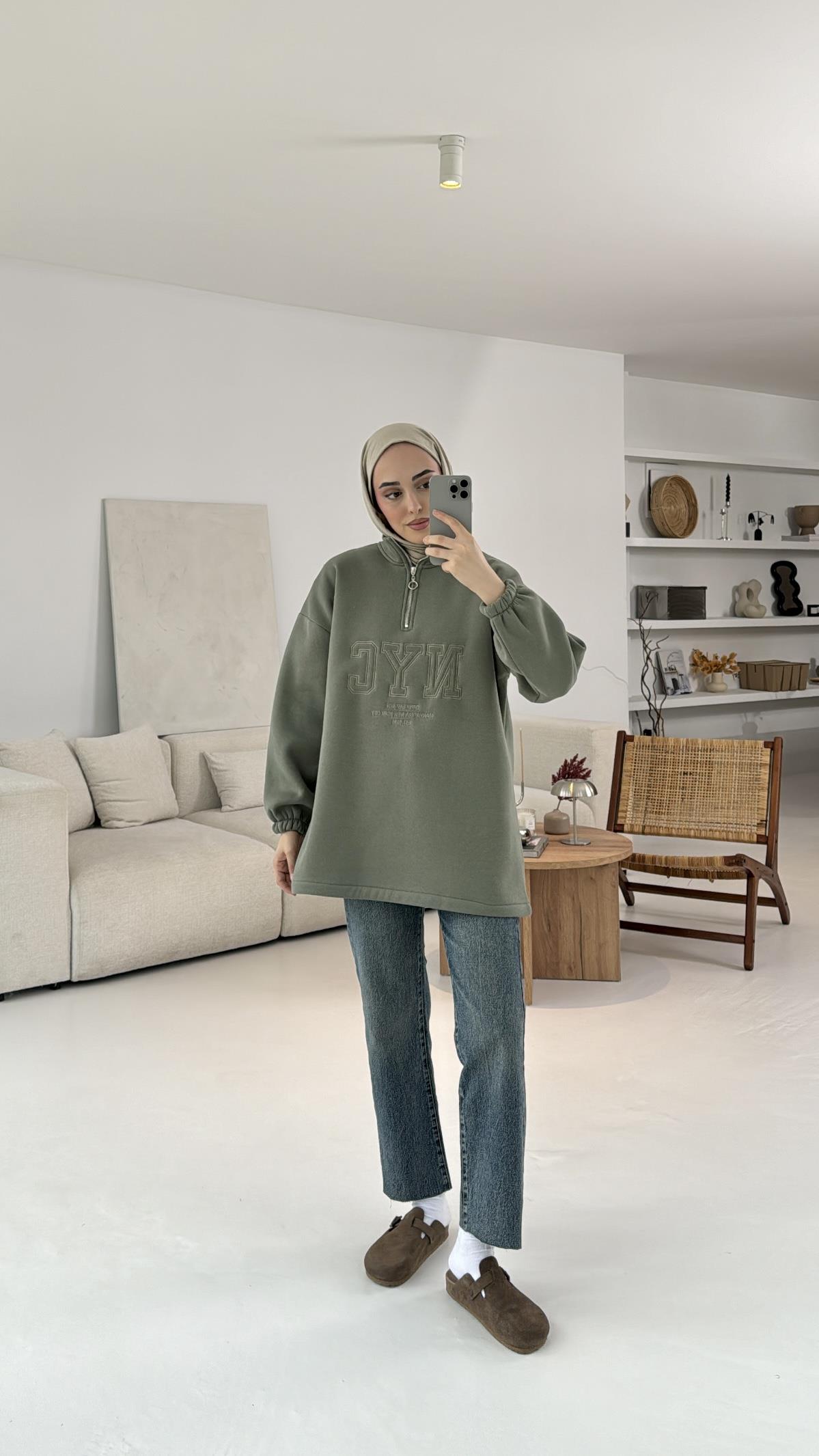NYC Baskılı Sweatshirt Haki