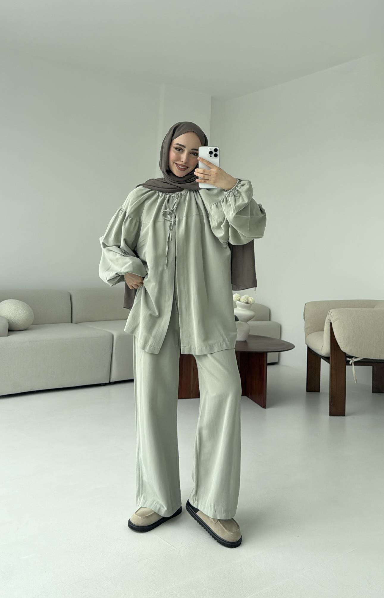 Omuz Büzgülü Kimono Takım Mint Yeşili