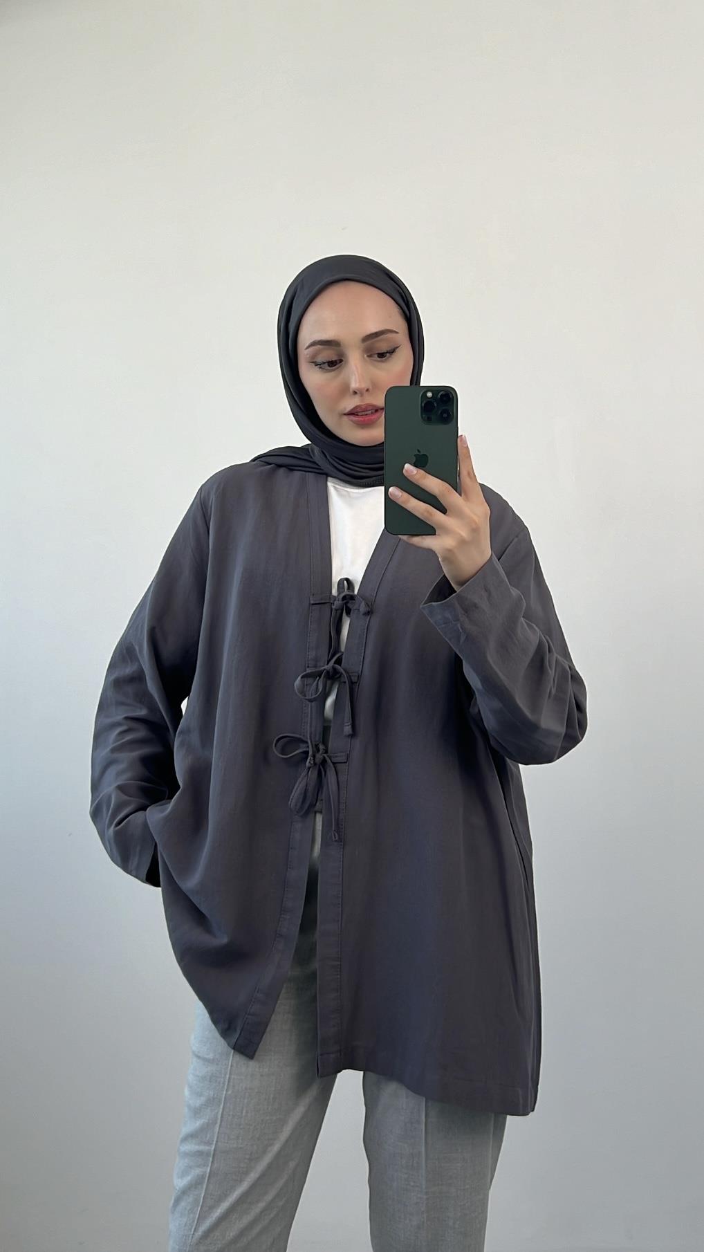 Önden Bağlamlı Keten Kimono Antrasit
