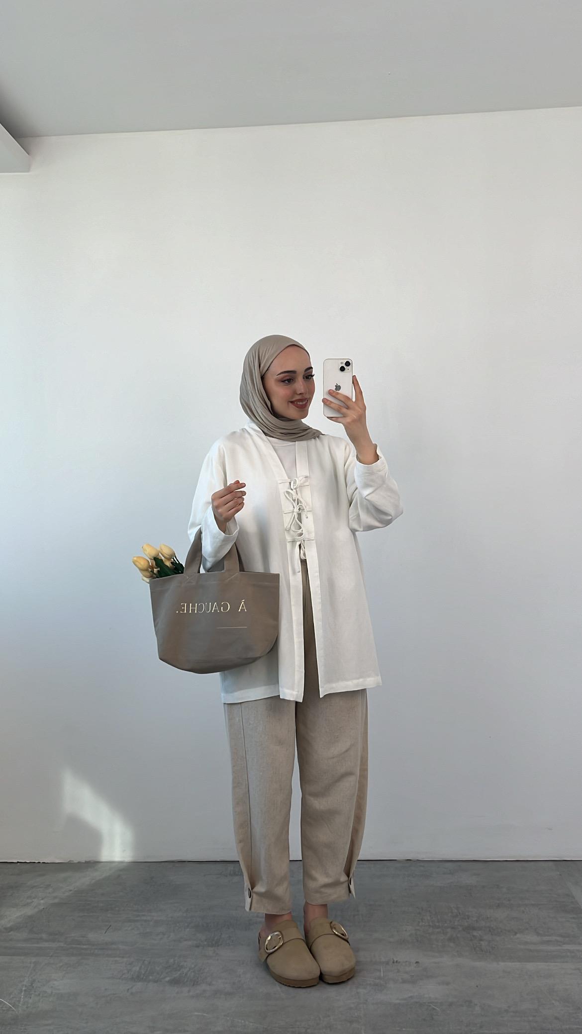 Önden Bağlamlı Keten Kimono Beyaz