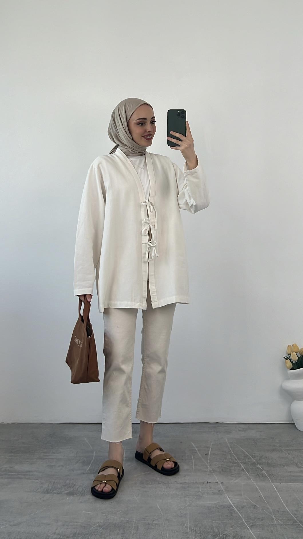 Önden Bağlamlı Keten Kimono Ekru