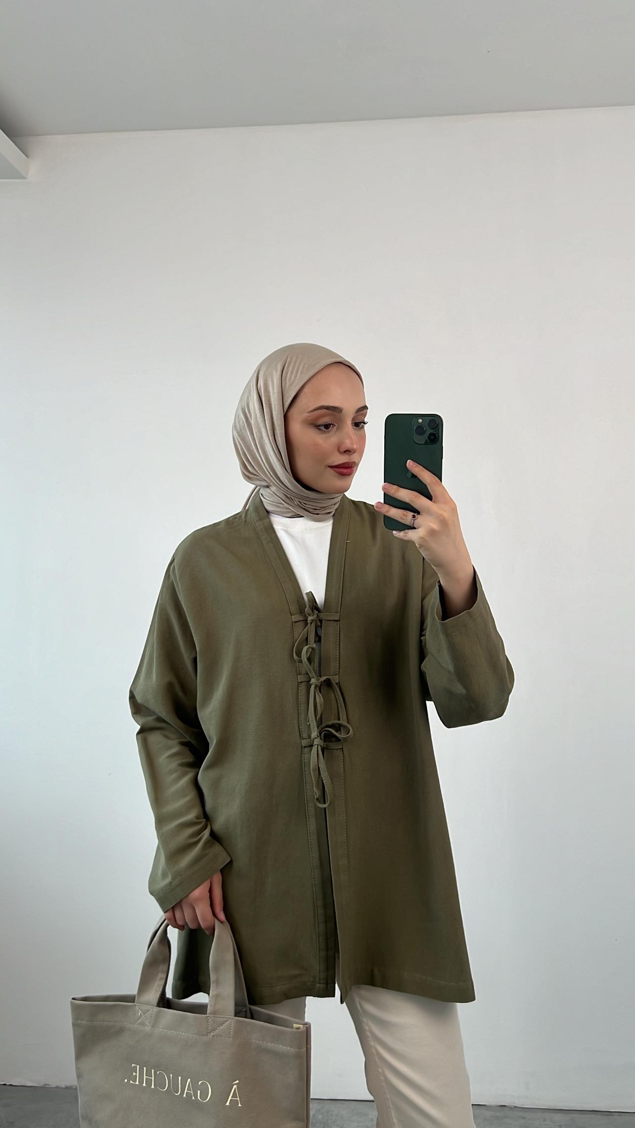 Önden Bağlamlı Keten Kimono Haki