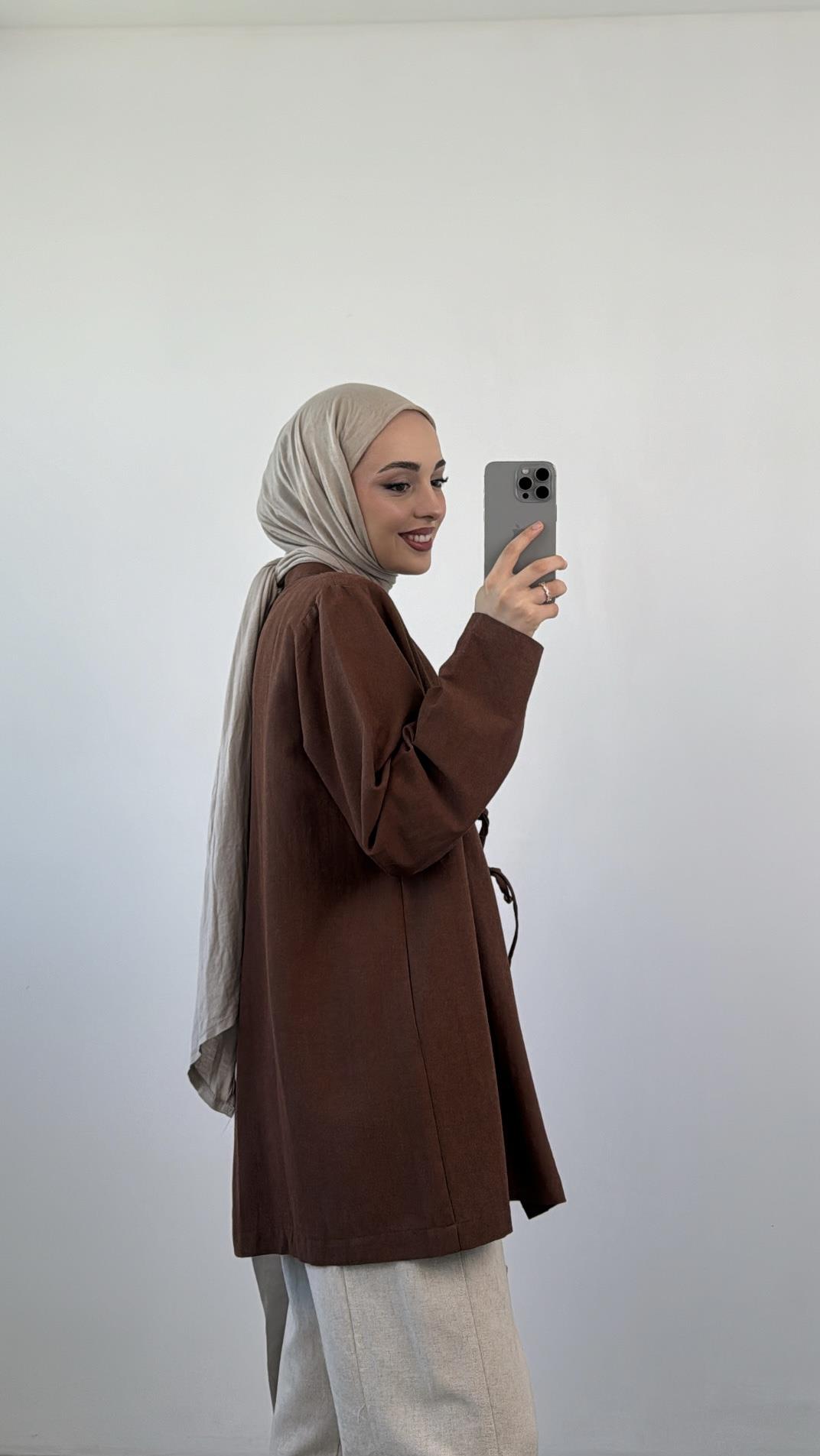 Önden Bağlamlı Keten Kimono Kahve