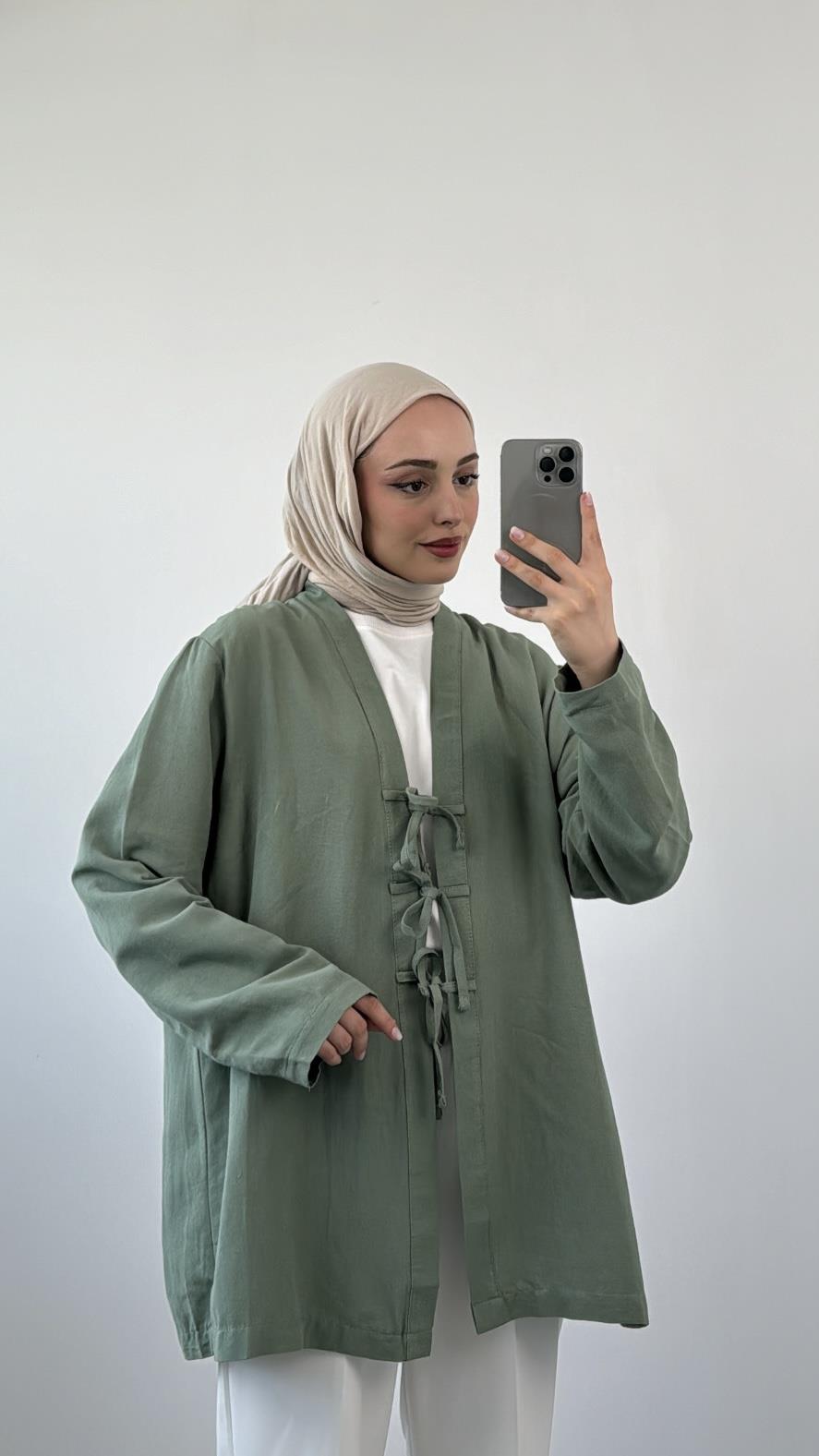 Önden Bağlamlı Keten Kimono Mint