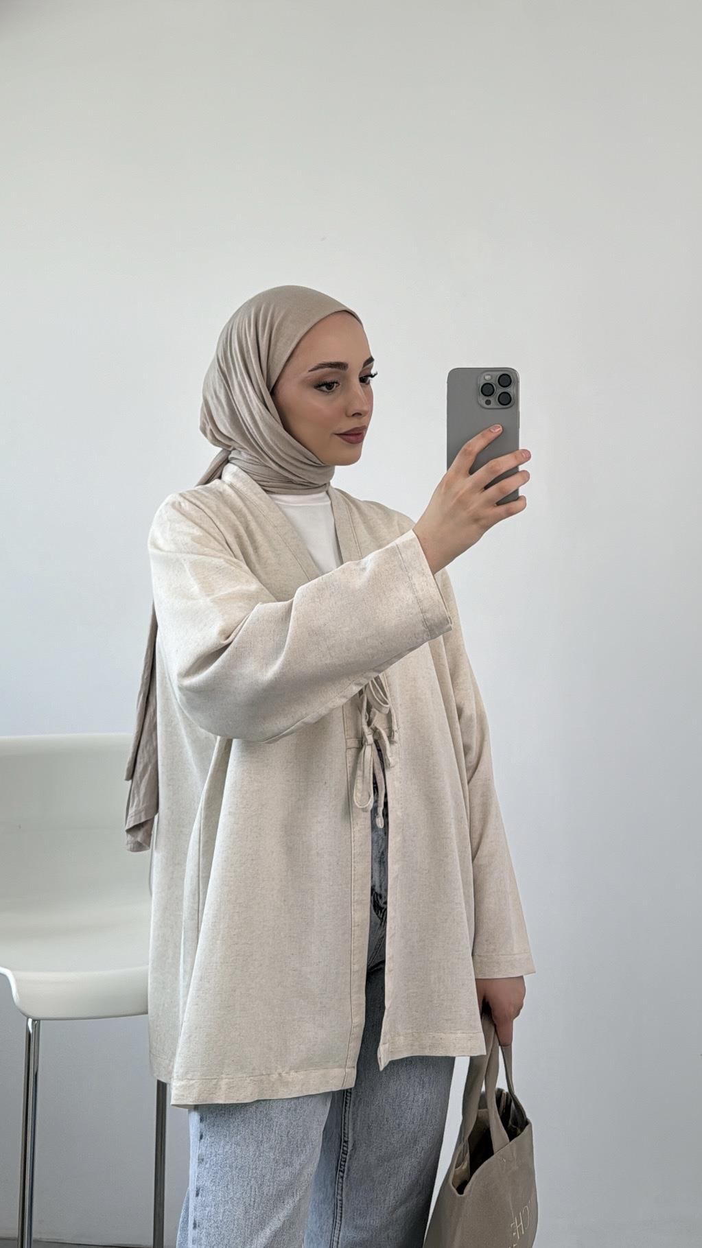 Önden Bağlamlı Keten Kimono Taş