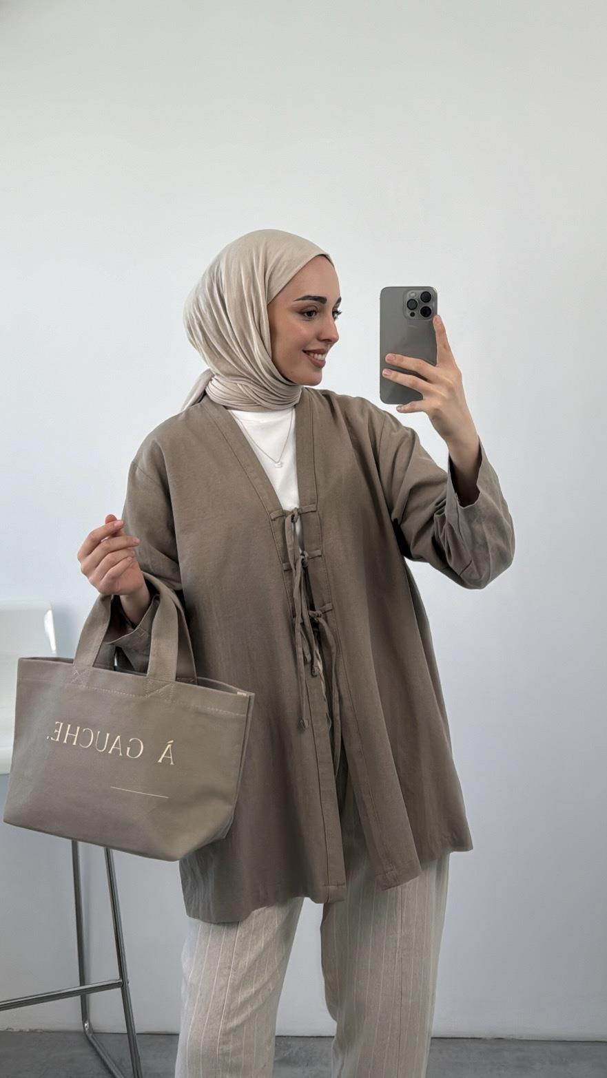 Önden Bağlamlı Keten Kimono Vizon