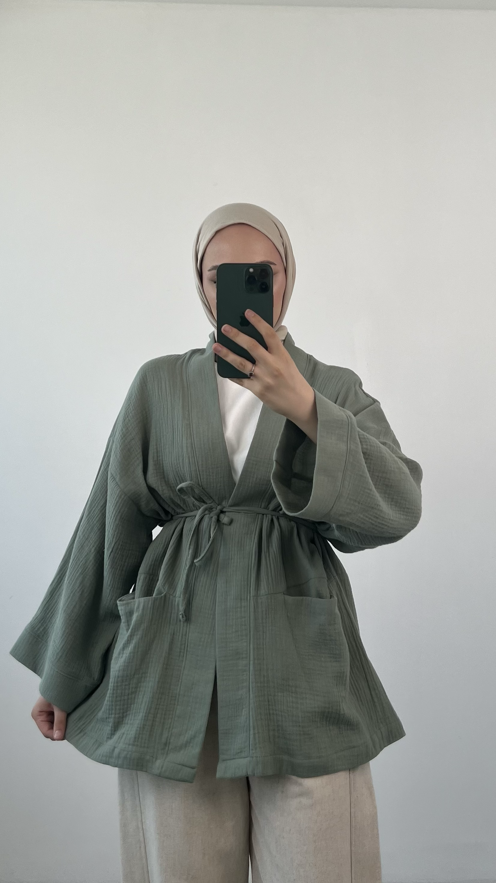 Seyyar Kemerli Müslin Kimono Acık Yeşil