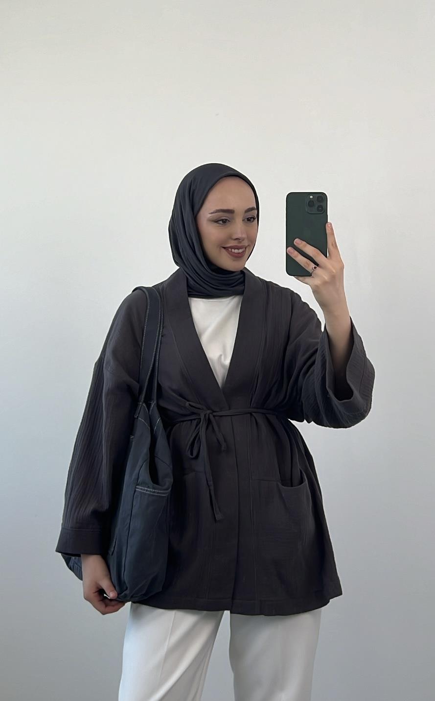 Seyyar Kemerli Müslin Kimono Antrasit