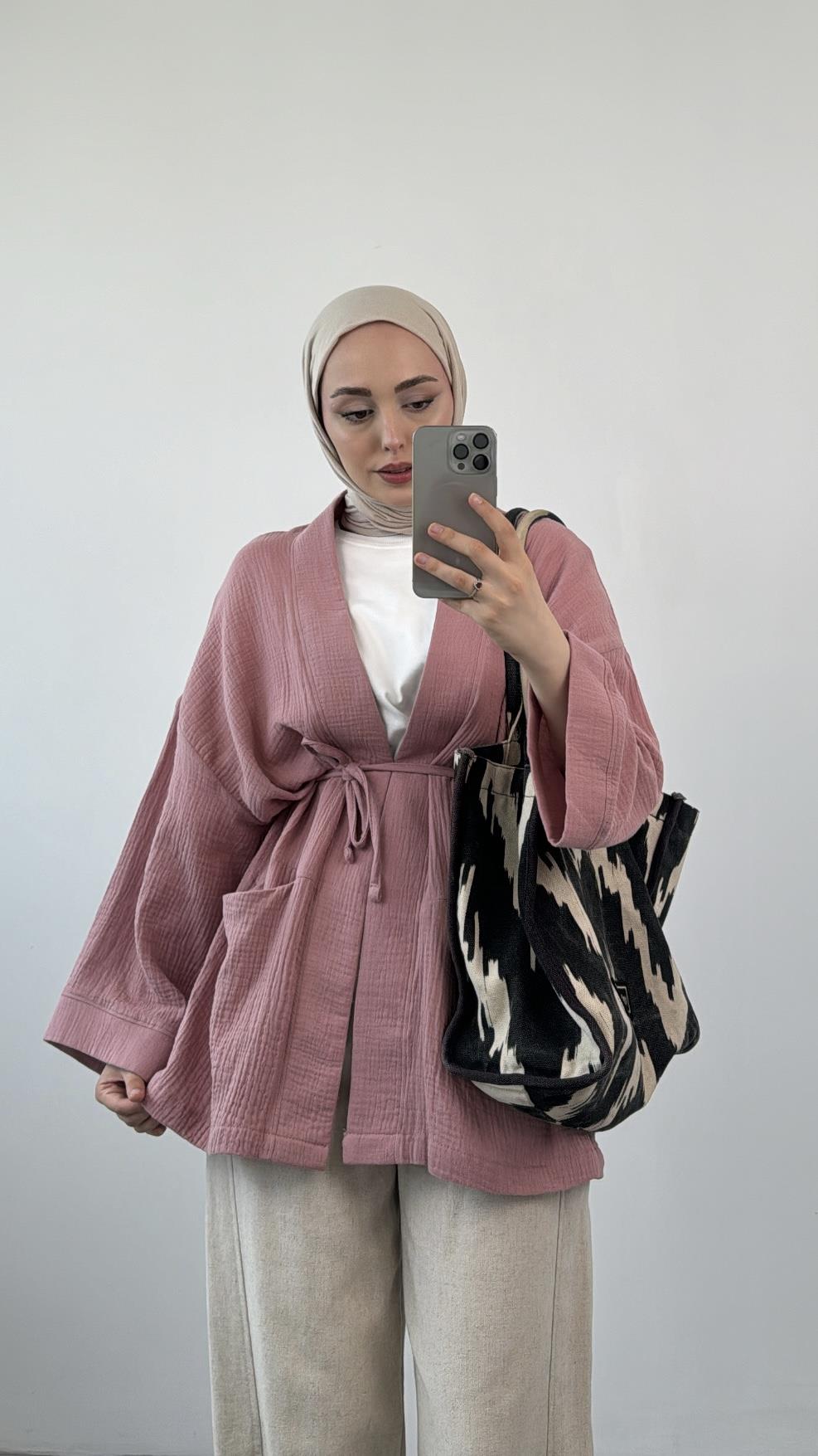 Seyyar Kemerli Müslin Kimono Kirli Pembe