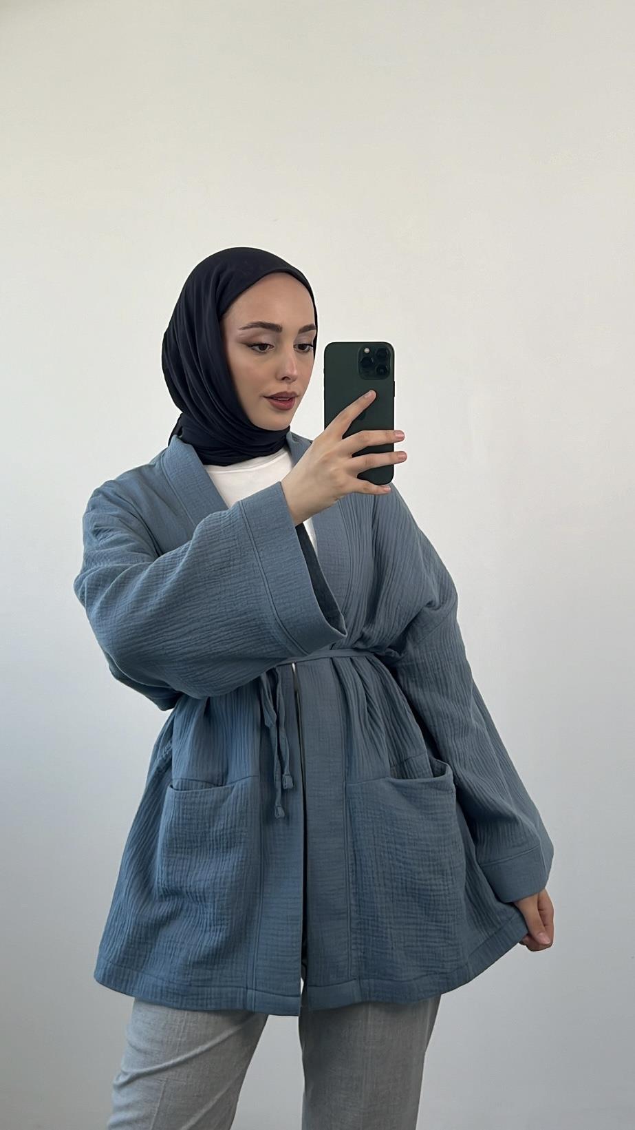 Seyyar Kemerli Müslin Kimono Mavi