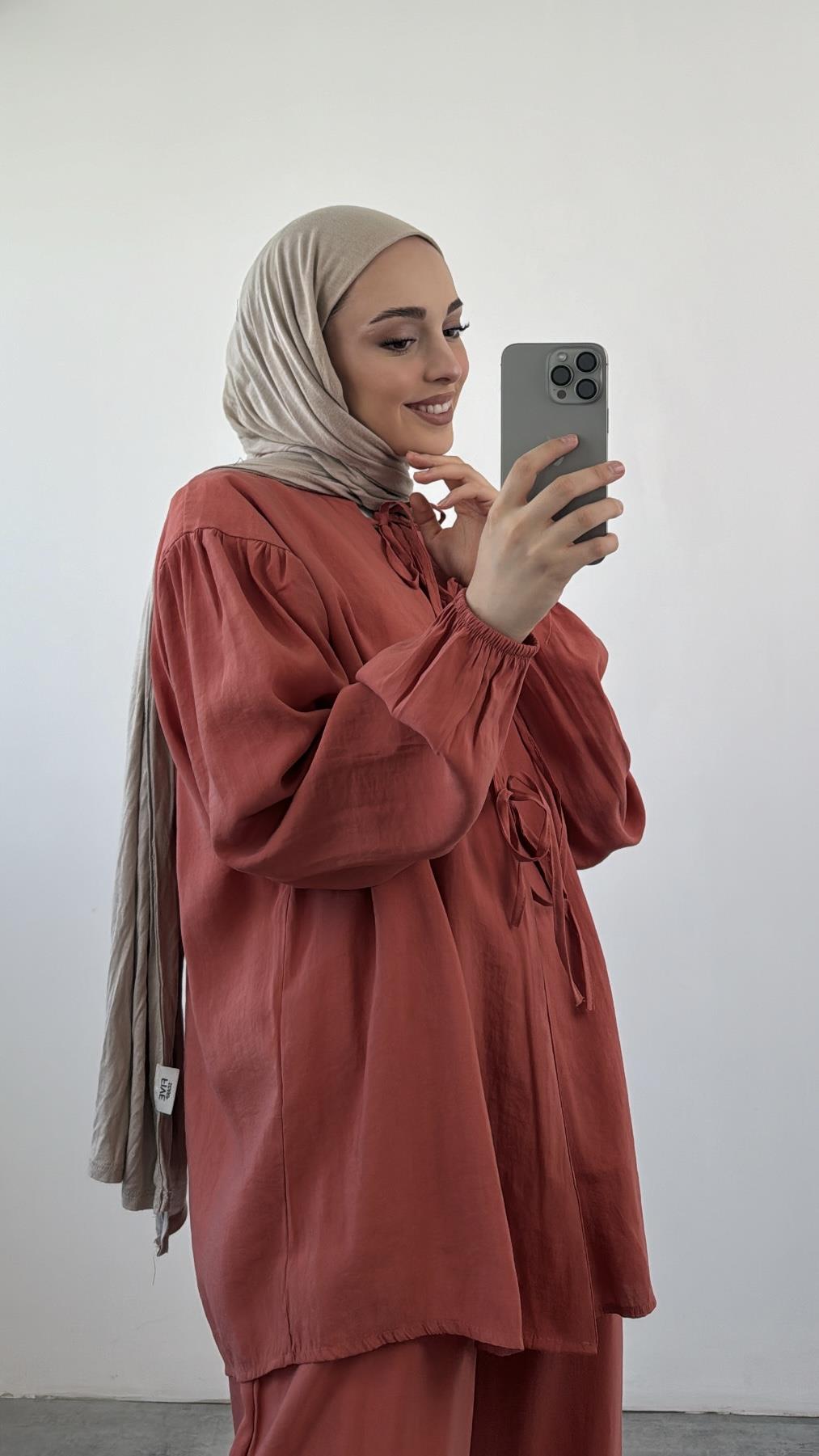 Tencel Önden Bağlamalı Kimonolu Takım  Kiremit