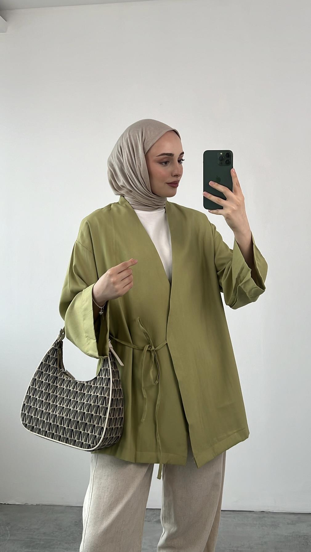 Yazlık Kumaş Yandan Bağlamalı Kimono Açık Yeşil