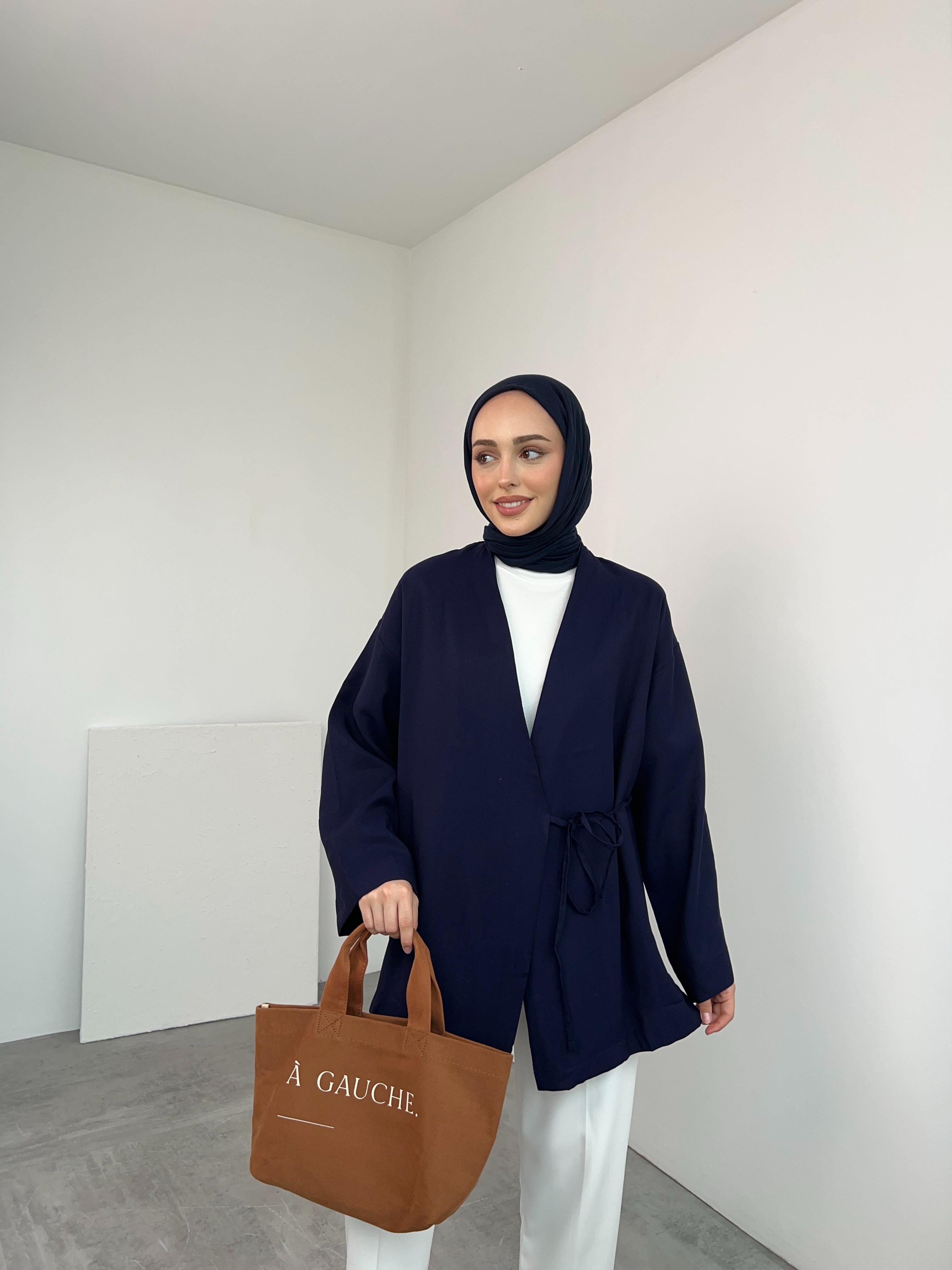 Yazlık Kumaş Yandan Bağlamalı Kimono Lacivert