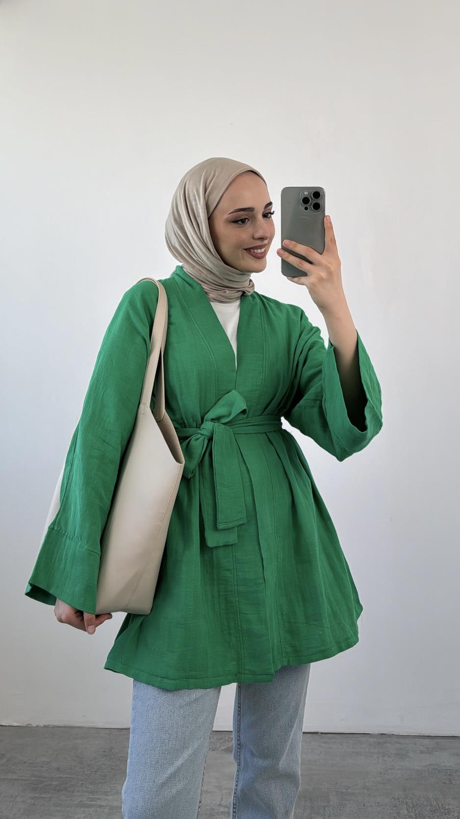 Yeşil Müslin Bağlamalı Kimono
