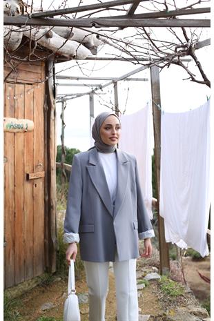 İç Astarı Çizgili Blazer Ceket Gri
