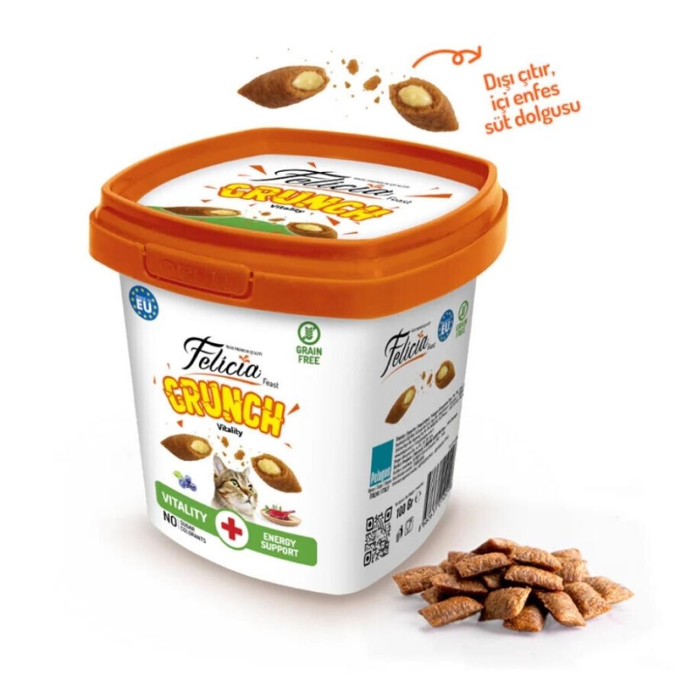 Felicia Vitality Crunch Sığır Etli Yaban Mersinli ve Sütlü Kedi Ödül Maması 100 grFelicia