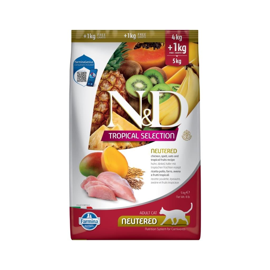 N&D Tropical Selection Tavuklu ve Tropikal Meyveli Kısırlaştırılmış Kedi Maması 4+1 kgND
