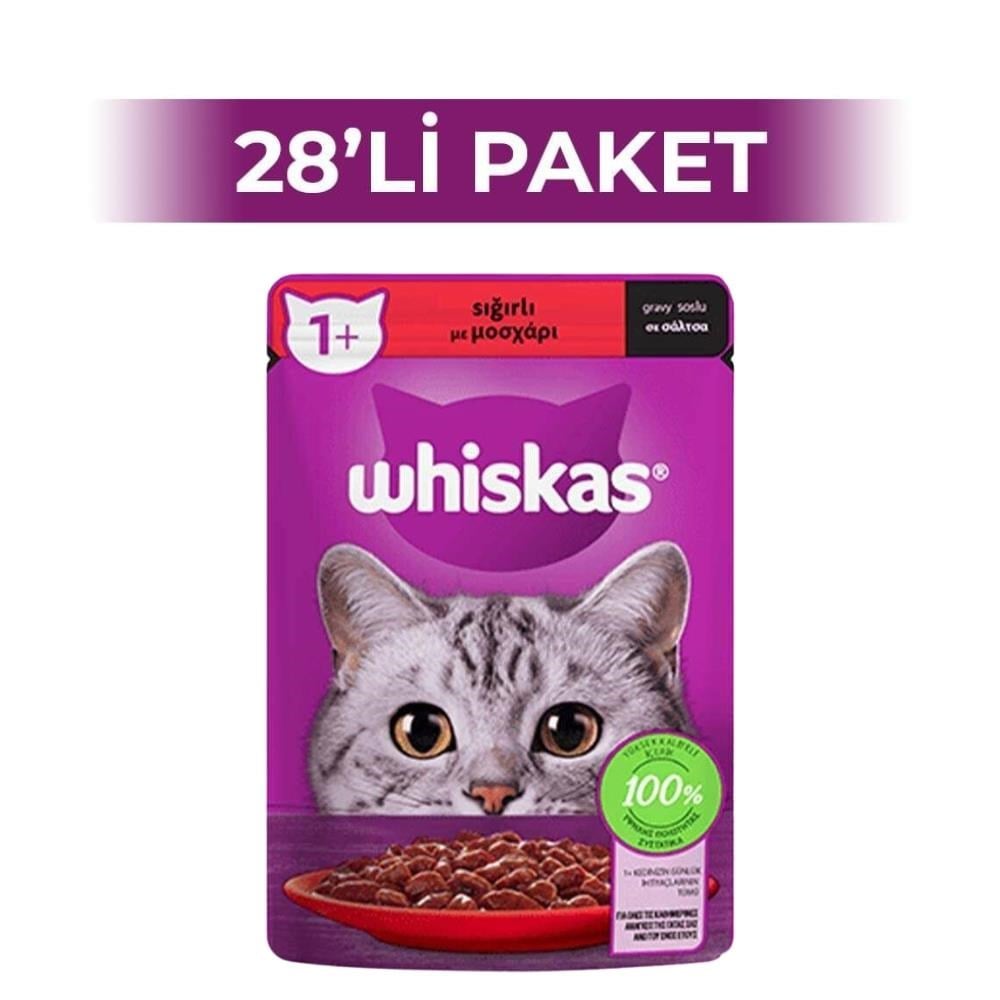 Whiskas Pouch Sos İçinde Sığır Etli Yetişkin Kedi Konservesi 85 gr 28 AdetWhiskas