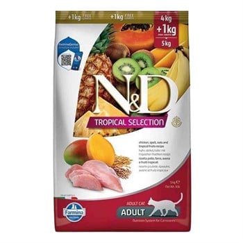 N&D Tropical Selection Tavuklu ve Tropikal Meyveli Yetişkin Kedi Maması 4+1 kgND