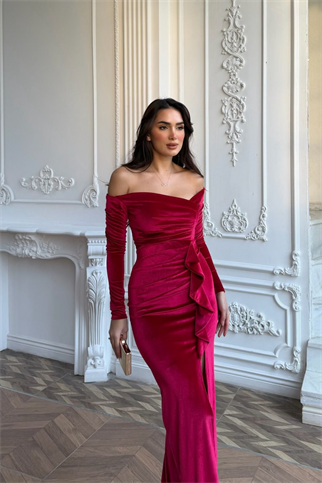  Ahsen Kayık Yaka Kadife Abiye 9298 KIRMIZI