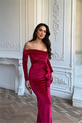  Ahsen Kayık Yaka Kadife Abiye 9298 KIRMIZI