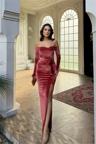  Ahsen Kayık Yaka Kadife Abiye 9298 NAR ÇİÇEĞİ