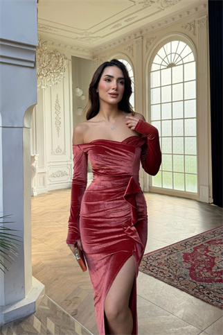  Ahsen Kayık Yaka Kadife Abiye 9298 NAR ÇİÇEĞİ