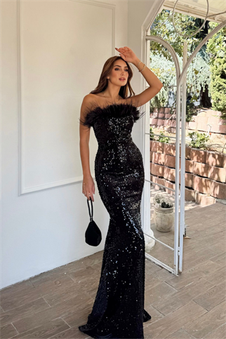 Açelya Payetli Otrişli Abiye 583286 SİYAH