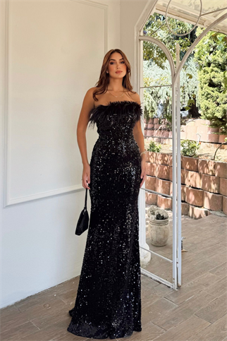 Açelya Payetli Otrişli Abiye 583286 SİYAH