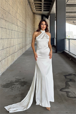 Afra Boyundan Bağlama Kuyruklu Saten Abiye 64752 BEYAZ