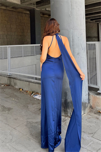 Afra Boyundan Bağlama Kuyruklu Saten Abiye 64752 İNDİGO