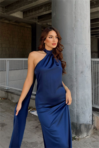 Afra Boyundan Bağlama Kuyruklu Saten Abiye 64752 İNDİGO