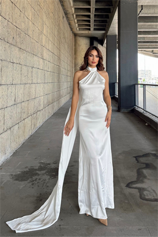 Afra Boyundan Bağlama Kuyruklu Saten Abiye 64752 BEYAZ