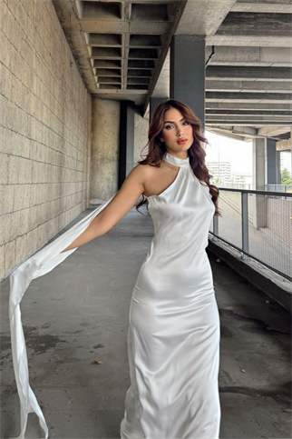 Afra Boyundan Bağlama Kuyruklu Saten Abiye 64752 BEYAZ