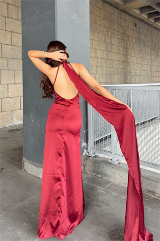 Afra Boyundan Bağlama Kuyruklu Saten Abiye 64752 BORDO