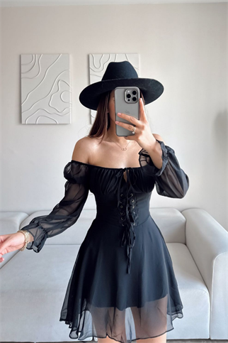 Alexa Agraf Detay Astarlı Şifon Elbise 61742 SİYAH