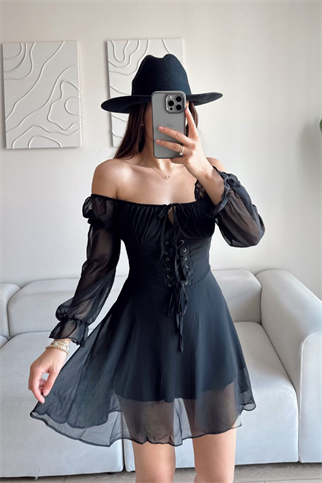 Alexa Agraf Detay Astarlı Şifon Elbise 61742 SİYAH