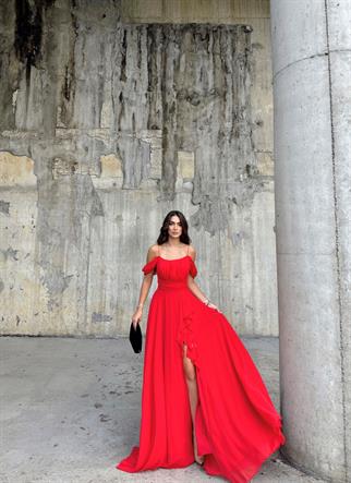 Alice Madonna Yaka İp Askılı Yırtmaçli Abiye KIRMIZI