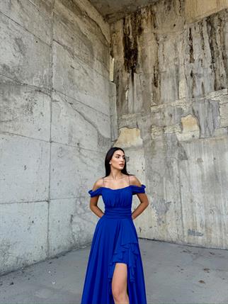 Alice Madonna Yaka İp Askılı Yırtmaçli Abiye SAKS MAVİSİ