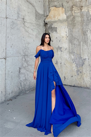 Alice Madonna Yaka İp Askılı Yırtmaçli Abiye SAKS MAVİSİ