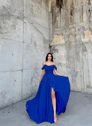 Alice Madonna Yaka İp Askılı Yırtmaçli Abiye SAKS MAVİSİ