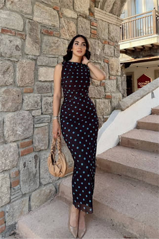 Alina Askılı Puantiye Detay Midi Elbise 7251