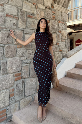 Alina Askılı Puantiye Detay Midi Elbise 7251