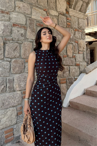 Alina Askılı Puantiye Detay Midi Elbise 7251