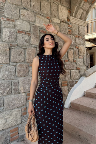 Alina Askılı Puantiye Detay Midi Elbise 7251