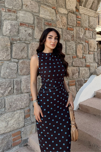 Alina Askılı Puantiye Detay Midi Elbise 7251