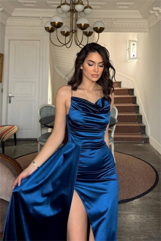 Allyso Degaje Yaka Yırtmaçlı Abiye 582243 İNDİGO