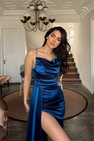 Allyso Degaje Yaka Yırtmaçlı Abiye 582243 İNDİGO