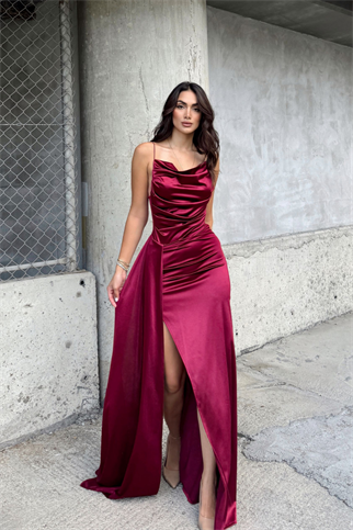 Allyso Degaje Yaka Yırtmaçlı Abiye 582243 BORDO